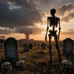 abandoned graveyard with backlight ,skulls on the ground ,silhouette of a muscular skeleton with backlight watching nuclear explosion in far background, sunset cloudy panorama by frazetta