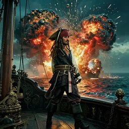 a pirate standing on his ship watching big explosions on the sea, beautiful dramatic moody lighting, cinematic atmosphere, high detail, 8k, ornate, dark fantasy, masterpiece, complex, film still from the movie directed by Denis Villeneuve with art direction by Gregory Crewdson, Joel Sternfeld