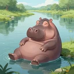 sad hippo waking up in a beautiful river landscape, trending on artstation