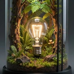 fantasy terrarium on display, miniature forest, light bulb, photorealistic, close up, rendered in cinema 4 d, cgsociety, octane render, vray tracing