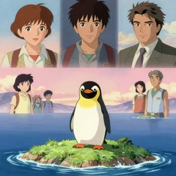 memorable animation key shot, a spy penguin stranded on an island by mandy jurgens, by satoshi kon, ilya repin, lena aenami, shinji kimura, daylight pastel color palette