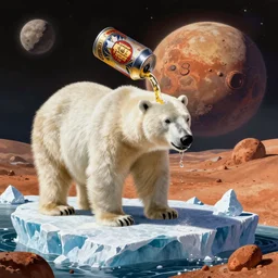 polar bear drinking beer on iceberg in mars, beer can in hand, beer can, outer space, planet mars, illustration, computer painting, high resolution,, trending on deviantart, hdr, hyper detailed, insane details, intricate, elite, ornate, dramatic lighting