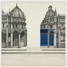 calcutta by dan mumford and peter doig and edward hopper, symmetrical, minimal, black ink, thick lines highly detailed, muted colours 8 k