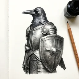 a metallic crow in armour and sheild, pencil and ink, very detailed, greg rutkowski and alphonse mucha, david finch,