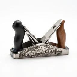 ornate hand plane, professional product shot, isolated on a pure white background, centered, entire object in frame, sharp focus, soft studio lighting