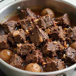 photo realistic, closeup of a only meat based pot of cholent