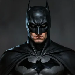 Portrait of batman in a black cloak, black hair, glowing eyes, male, detailed face, fantasy, highly detailed, cinematic lighting, digital art painting by greg rutkowski