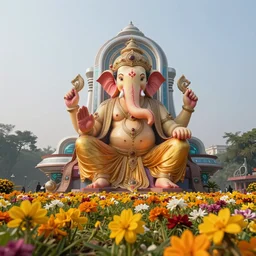 beautiful futuristic new delhi, sharp sci - fi ganesha!! building, kalighat flowers, highly detailed cinematic, stephen shore & john j. park, soft morning light, wide shot, ground angle, uhd 8 k, shallow depth of field