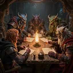 a group of fantasy monsters in a basement playing D&D, Greg Rutkowski, ArtStation, CGSociety, Unreal Engine