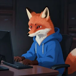 an anthropomorphic fox in a blue hoodie sitting in front of the computer, dark tones, concept art, digital art, highly detailed, anime, by hayao miyazaki