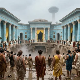 pov in a crowd of people with toga in ancient neoclassical buildings, light blue troglodyte temples with yellow drapery in a deep spherical pit by piranesi, cinestill 8 0 0 t 3 5 mm, high quality, mud, rain, fog, by night