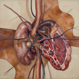 a mixed media painting of veins, wires, viscera, tanned leather, and red meat. abstract surrealism.