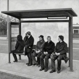 a black and white painting of people waiting at a bus stop by otto dix