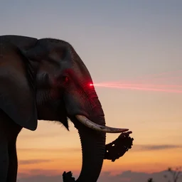 side profile of an elephant head shooting red laser beams from its eyes with a sunset in the background