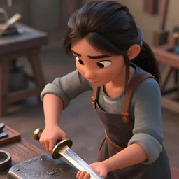 animation still frame of an attractive female blacksmith ( long dark hair ) crafting a sword, high angle closeup portrait, ( ( wholesome, ) ) blurry background of the forge of a highend workship, disney, pixar, bbloom, medium shot, waist up, dramatic lighting, in the style of studio ghibli, j. c. leyendecker, greg rutkowski, artgerm
