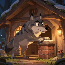 a cartoonish big wolf is trying to enter a hut through the chimney, warm lighting, magical atmosphere, trending on artstation, 30mm, by Noah Bradley trending on ArtStation, deviantart, high detail, stylized portrait