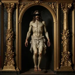 full - body portrait of a creepy realistic jesus christ wearing blindfold!!!!!!!!!!!!!!!!!!!!!!!!,'rag on face '!!!!!!!!!!!!!!!!! traditional art, dark, surrealism, german romanticism style, ornate and elegant, hightly detailed