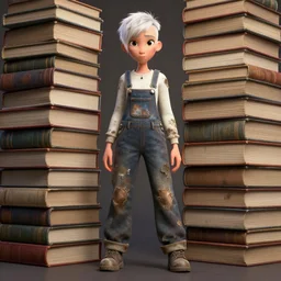 full body pose, beautiful adult book fairy, pixar, short white hair shaved sides, dirty, grungy, grunge, long sleeve, painted overalls, stacks of giant books, highly detailed, 4 k, hdr, smooth, sharp focus, high resolution, award - winning photo, artgerm, photorealistic