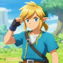 an in game portrait of link as a pokemon trainer from pokemon arceus, pokemon arceus art style.