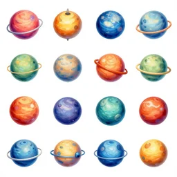 isometric sprite sheet of autonomous planets of vivid colours in gouache detailed paintings rotated left rotated right props stylised pixel art,