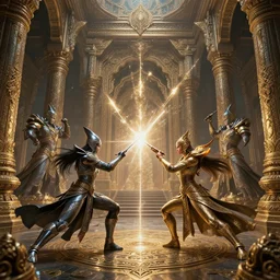 fantasy characters fight in ancient temple, action scene, 8 k, lumen reflections, sharpened, insanely detailed and intricate, hypermaximalist, elegant, ornate, hyper realistic, super detailed