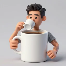 portrait of a ( ( ( white oversized ceramic mug of coffee ) ) ), dotado handsome brazilian drinking coffee, 3 d photorealistic, concept character, parts by beksinski, parts by goro fujita, parts by yue minjun, by filip hodas