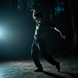 a smudged, scratched, grainy and blurry photograph showing the whole body of a young tall man dynamically and frenetically moving in a dark room. his dance is wild and unpredictable. in the creepy woods, night time, flash lights