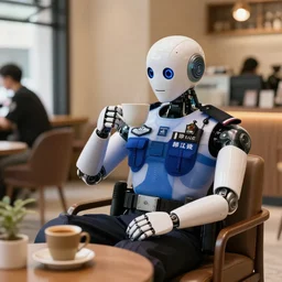 a robotic police officer drinking tea in a coffee shop sitting down relaxed, photo realistic