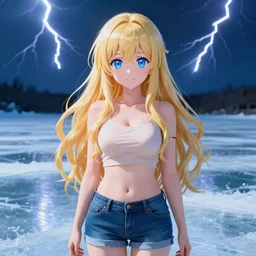 a very beautiful anime girl, full body, long wavy blond hair, sky blue eyes, full round face, short smile, cute top, short jeans, frozen lake setting, cinematic lightning, medium shot, mid-shot, highly detailed, trending on Artstation, Unreal Engine 4k, cinematic wallpaper by Stanley Artgerm Lau, WLOP, Rossdraws, James Jean, Andrei Riabovitchev, Marc Simonetti, and Sakimichan