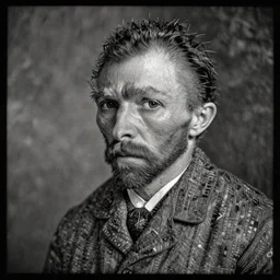 a dark, monochrome, glass negative, silver gelatine realistic, supersharp, supersharp, realistic, photographic portrait of vincent van gogh, shallow depth of field, by edward c. curtis