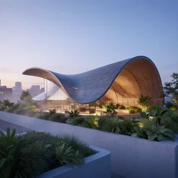 curved roof planes lift and descend creating shade and architectural expression, situated on a minimalist rooftop garden in manhattan, highly detailed, vivid color, high resolution photography, mist, dusk