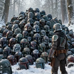 in a snowy forest, a huge pile of helmets, a mandalorian jango fett, is looking at a huge pile of mandalorian helmets piled up, concept art highly detailed, huge pile of helmets, great cinematic lighting, octane render, 8 k, depth of field, 3 d, art by greg rutkowski, trending on artstation, cinematographic shot