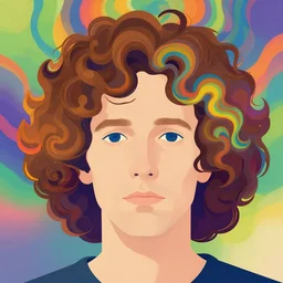 a colorful closeup portrait of a simple caucasian man with curly mid length brown hair with a calm aesthetic face and dreaming psychedelic hair, by kawase hasui, moebius, edward hopper and james gilleard, zdzislaw beksinski, steven outram colorful flat surreal design, hd, 8 k, artstation