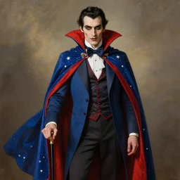 a vampire nobleman with a blue and red cape, stars, sincere, modern maximalist suit, is ( ( holding a cane ) ). light dust, magnificent, hyperdetailed, theatrical, painted by jean honore fragonard and greg rutkowski