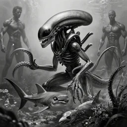black and white, underwater xenomorph alien mixed with sharks extra teeth, tentacles, highly detailed, digital painting, artstation, concept art, smooth, sharp focus, illustration, unreal engine 5, 8 k, art by carlos huante and greg rutkowski and alphonse mucha and ifbb pro fitness photograph