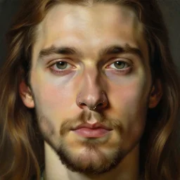 photorealistic painting of a male face with piercings, realistic eyes, symmetric face, beautiful bone structure, piercing in nose, piercing in eyebrow, beard, dark blonde long hair, painting by gaston bussiere