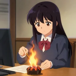 a 2 0 0 8 anime still of an anime girl lighting her taxes on fire.