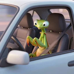photo of a car, pixar style praying mantis in a driver seat, 4 k, detailed, octane renderer