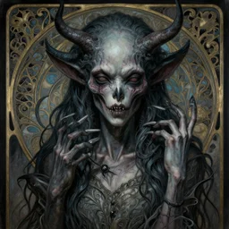 hiperrealistic, ultra detailed art nouveau painting of an anthrophomorphised nightmare, character art, character study, 4 k uhd, post production, dark tones, intricate, masterpiece, sharp focus