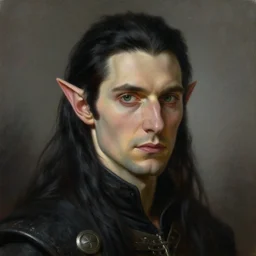 portrait of a male elf thief with long black hair, elven character, detailed realism face in painting, detailed beautiful portrait, oil painting masterpiece, fantasy artwork, 8 k resolution, smooth, sharp focus, trending on artstation, by rembrandt, by greg rutkowski