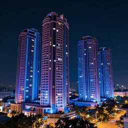 Cyberpunk Residential Blocks, futuristic Phnom-Penh Cambodia, neon lighting