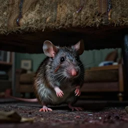 cinematic colorful horror artwork by artgerm, beksinski, stephen king ; real life full portrait of ugly furry mouse under couch at living room ; macro scale ; ground level wide shot low angle ; night ominous scary, 8 k hdr, creepy intricate ; volumetric dramatic lighting, insanely detailed, haunting