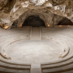 stone amphotheatre arena inside a cave, surrounded by torches