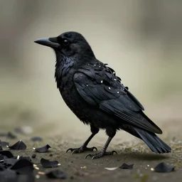 crow made of black flower petals, many black petals growing out of the crow's back,