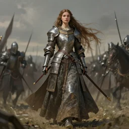gorgeous medieval warrior princess in a battle scene, long hair, full body length, low angle view, shallow depth of field, matte painting by karole bak, by hasui kawase