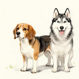 detailed simple sketch of a beagle dog with a husky
