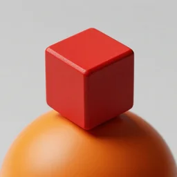 a red cube sitting on a orange sphere