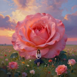 giant rose flower head, full body girl sitting in a flower field, surreal photography, sunrise, dramatic light, impressionist painting, colorful clouds, digital painting, artstation, simon stalenhag