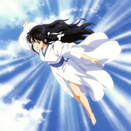 beautiful female model flying above skies covered in white cloak, god rays, japanese animation, manga