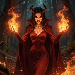 evil fire sorceress in the woods, skintight dress, long cloak, evil, grin, dnd, highly detailed, detailed face, burning hands, fire everywhere, smooth, sharp focus, digital illustration, by artgerm, greg rutkowski, alphonse mucha
